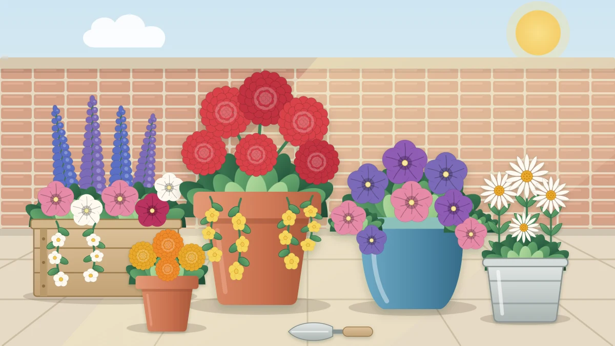 A sunny patio corner with five flower-filled containers of different sizes: terracotta, glazed blue, a wooden box and two small pots