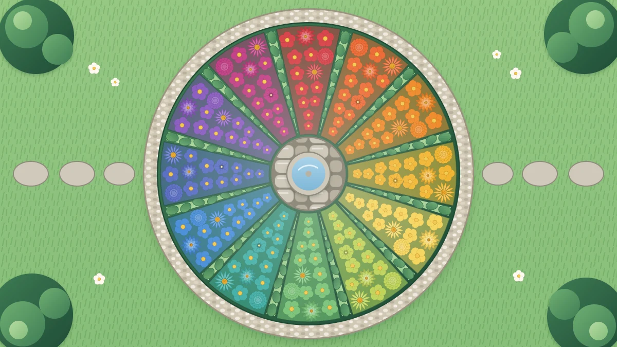 Color wheel seen from above made of twelve wedge-shaped mini flower beds, each one color from red through yellow, blue and violet, with green foliage between