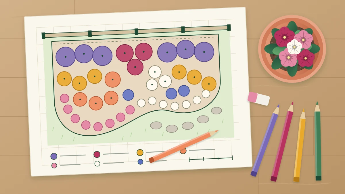 Garden plan on cream paper showing a curved bed filled with colored circles grouped in drifts, beside colored pencils and a small potted flowering plant