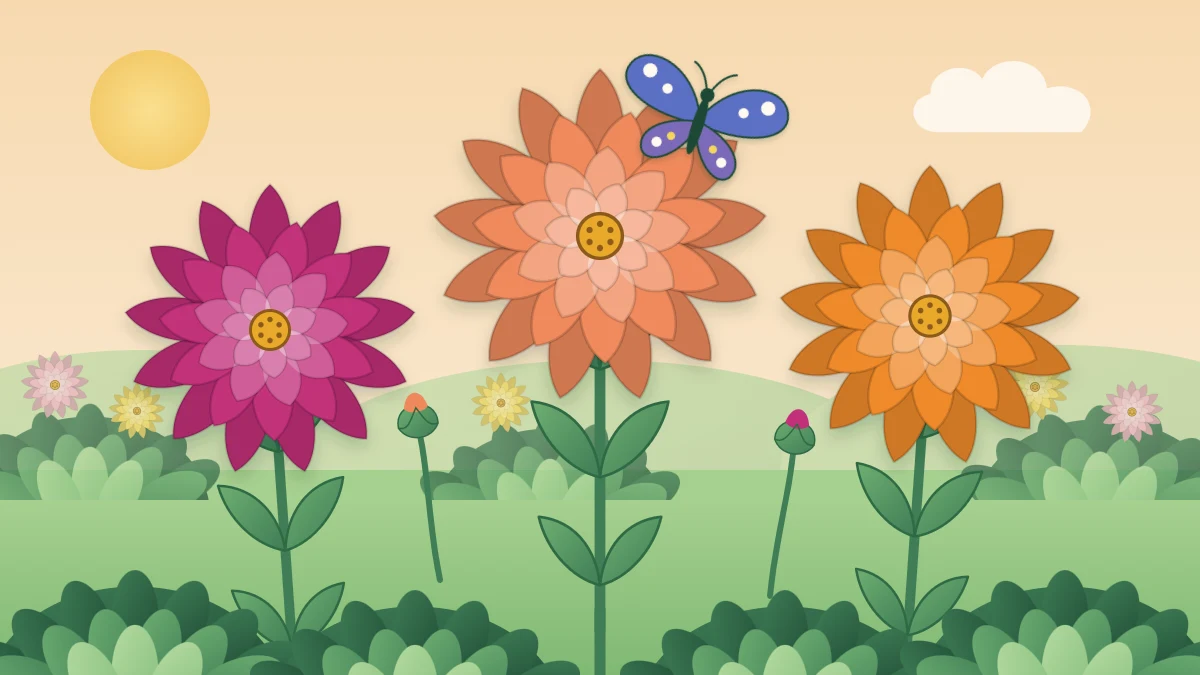 Three large zinnia flowers in magenta, coral and orange with yellow centers on green stems, a small butterfly resting on one