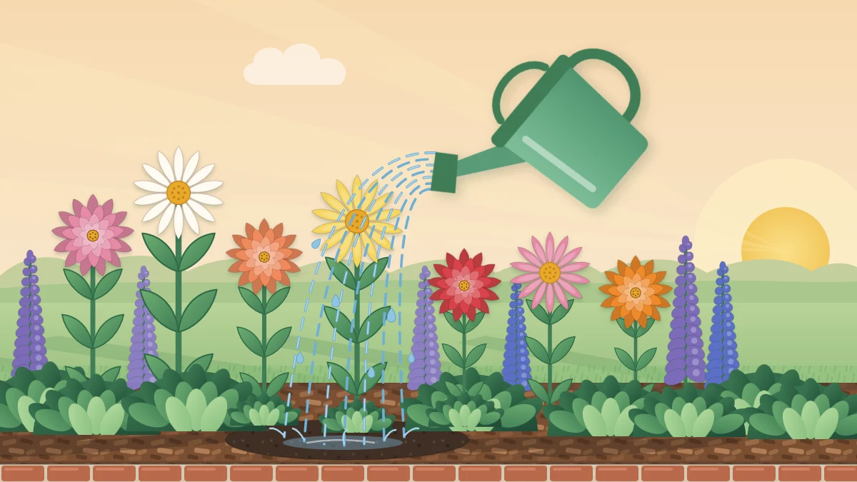 A watering can with a rose head showering the soil beneath flowering plants in a mulched bed in early morning light
