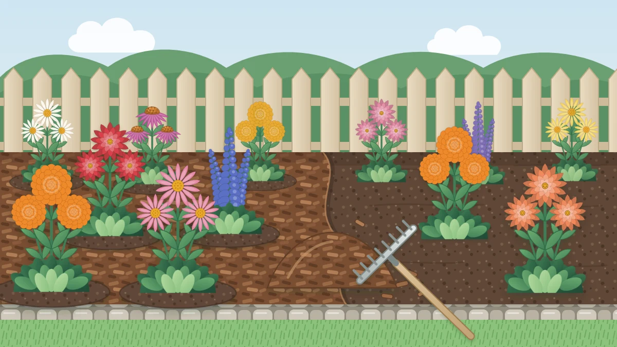 A flower bed half covered in brown bark mulch with a rake, a heap of mulch and open soil rings around plants