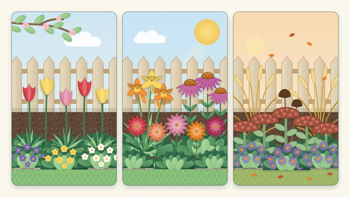 One flower bed in three panels: spring tulips, summer coneflowers, daylilies and zinnias, then fall sedum, asters and golden grasses