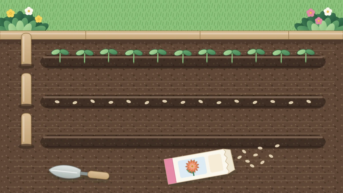A raked seedbed with three shallow furrows, seeds along one, tiny two-leaved seedlings in another and blank wooden markers