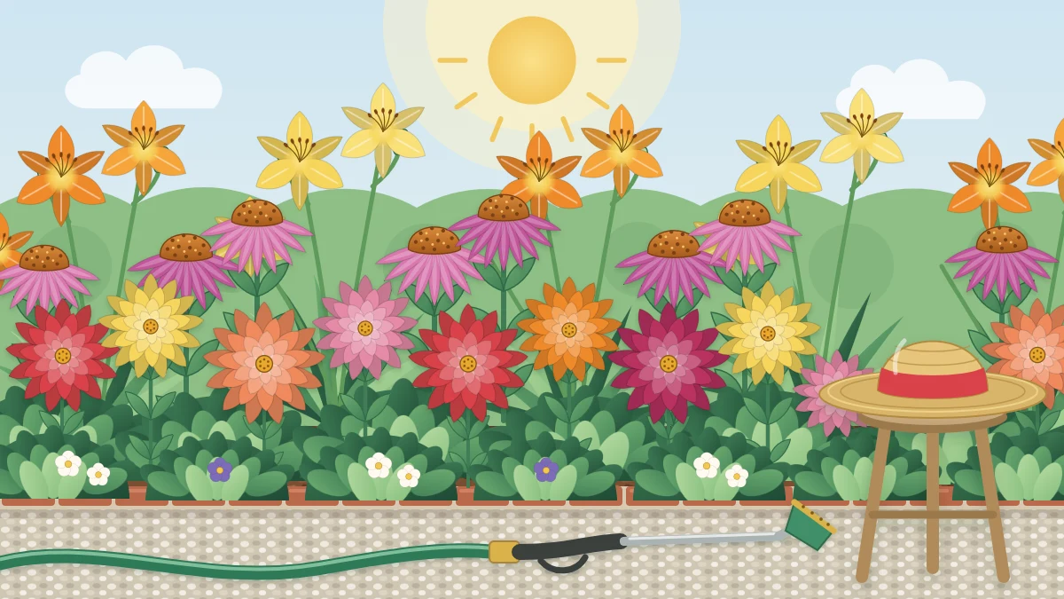 A lush midsummer flower bed of zinnias, coneflowers and daylilies under bright sun, with a garden hose along the path and a straw hat on a stool